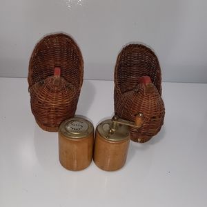 Vintage Wicker Chicken Baskets and Vintage Wooden Japan Salt & Pepper